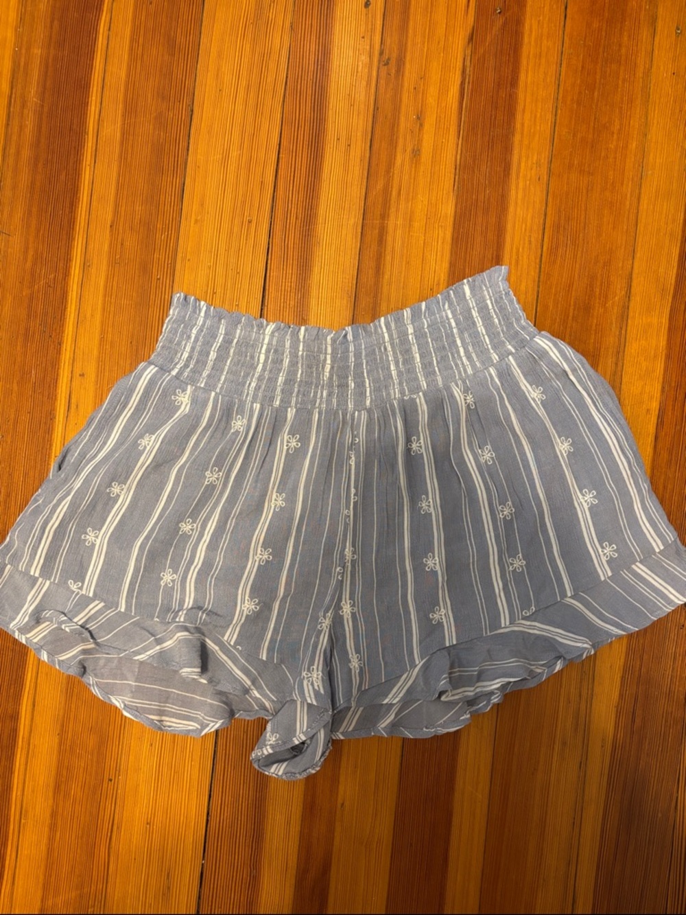 American Eagle Outfitters Blue and White Striped Smocked-Waist Shorts
